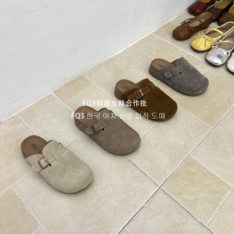 FQ3 实拍BEI LI XUAN厚底磨砂真皮包头鞋圆头软底舒适勃肯半拖鞋