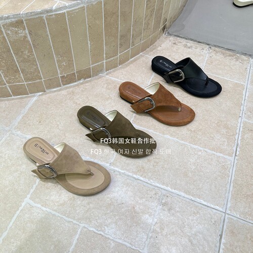 FQ3实拍 THE BULAGE绒面皮带扣夹趾拖鞋女外穿复古小众平底人字拖