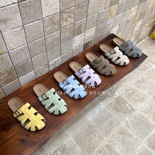 XUAN新款 春夏磨砂真皮缕空圆头反绒休闲包头半拖 实拍BEI FQ3