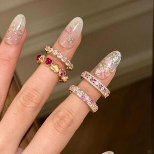 秋冬百搭精致中古风粉钻排戒满钻戒指女小众高级轻奢开口叠戴新品