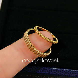 18k黄金色罗缎纹直线刻纹窄版戒指男女情侣素圈对戒