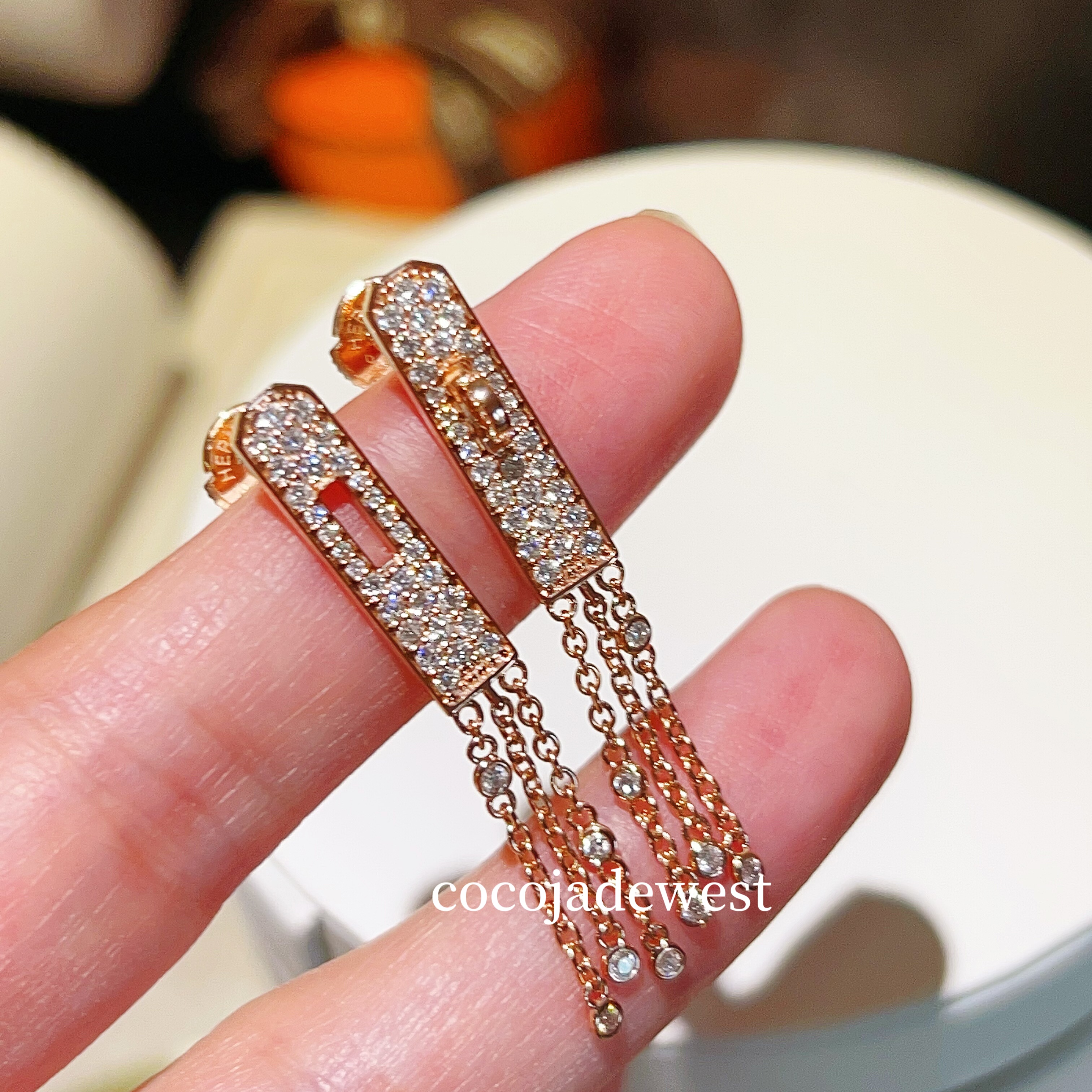 18k金法式流苏玫瑰金满钻天然钻石耳环耳钉女耳饰爆款高级感ins