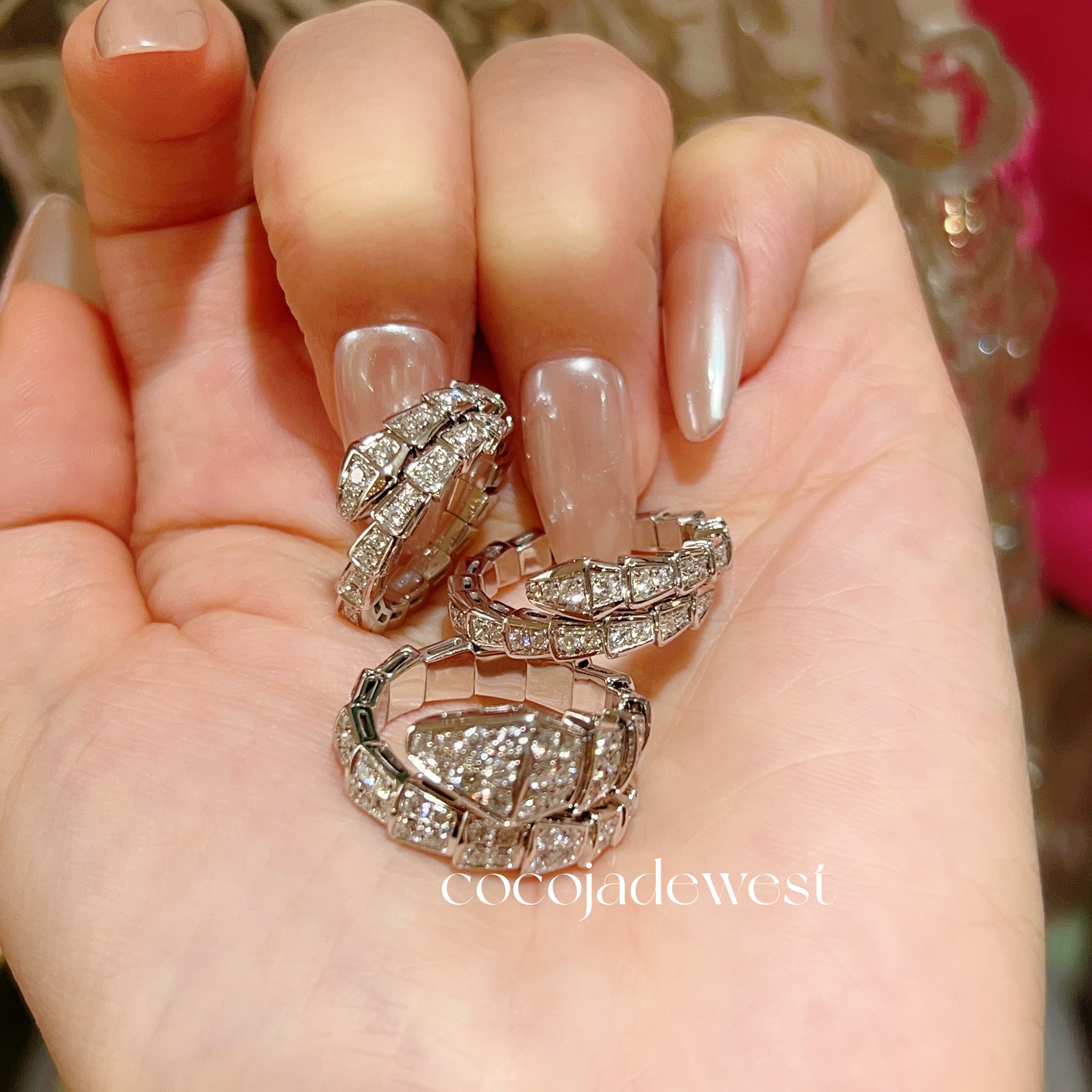 18K金天然钻石白金玫瑰金蛇形蛇骨满钻戒指蛇头镶钻石开口指环