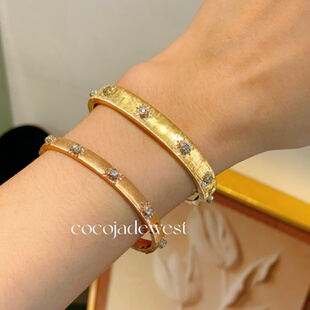 18k金天然钻石手镯女黄金色拉丝手镯新款手镯女白金玫瑰金手镯