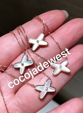 18K玫瑰金小叉子项链 欢缘白贝母  镶钻交叉项链 女士锁骨链