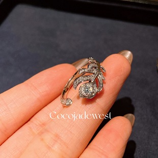 18k金天然钻石羽毛戒指女白金孔雀羽毛戒指女款新款戒指