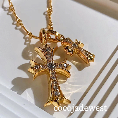 珠宝定制22k天然钻石满钻十字架项链颈链祖母绿22k金双十字架