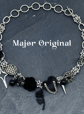 美作原创MAJOR 荆棘玫瑰朋克绒花钛钢重工纽扣项链锁骨链中式饰品