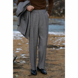 UGENTLE男装 秋冬纯羊毛面料「法兰绒亲王格」意式巴黎扣高腰西裤