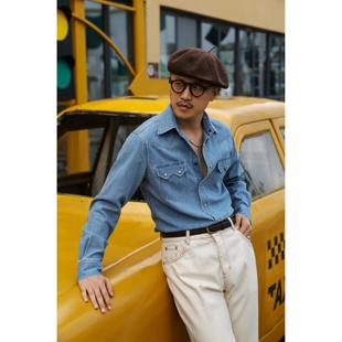 UGENTLE男装 纯棉丹宁「重水洗丹宁」复古西部小方领绅士手工衬衫