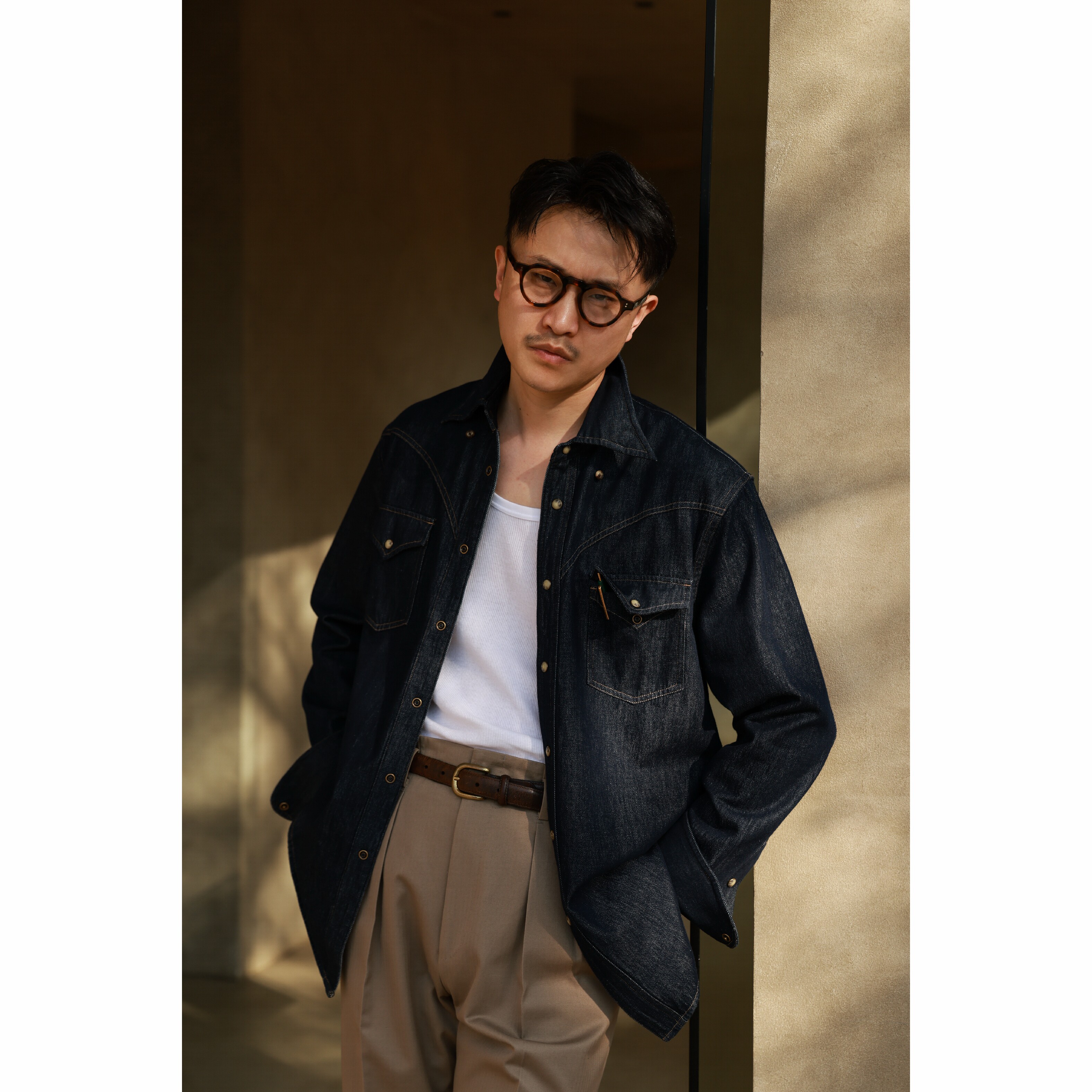 UGENTLE男装 汉麻棉混纺丹宁「古靛蓝丹宁」复古大八字领复古衬衫