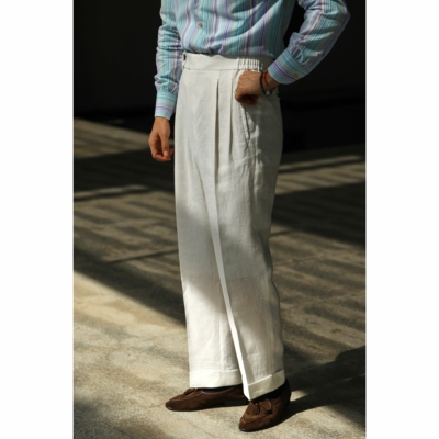 UGENTLE男装全亚麻直筒抽绳西裤