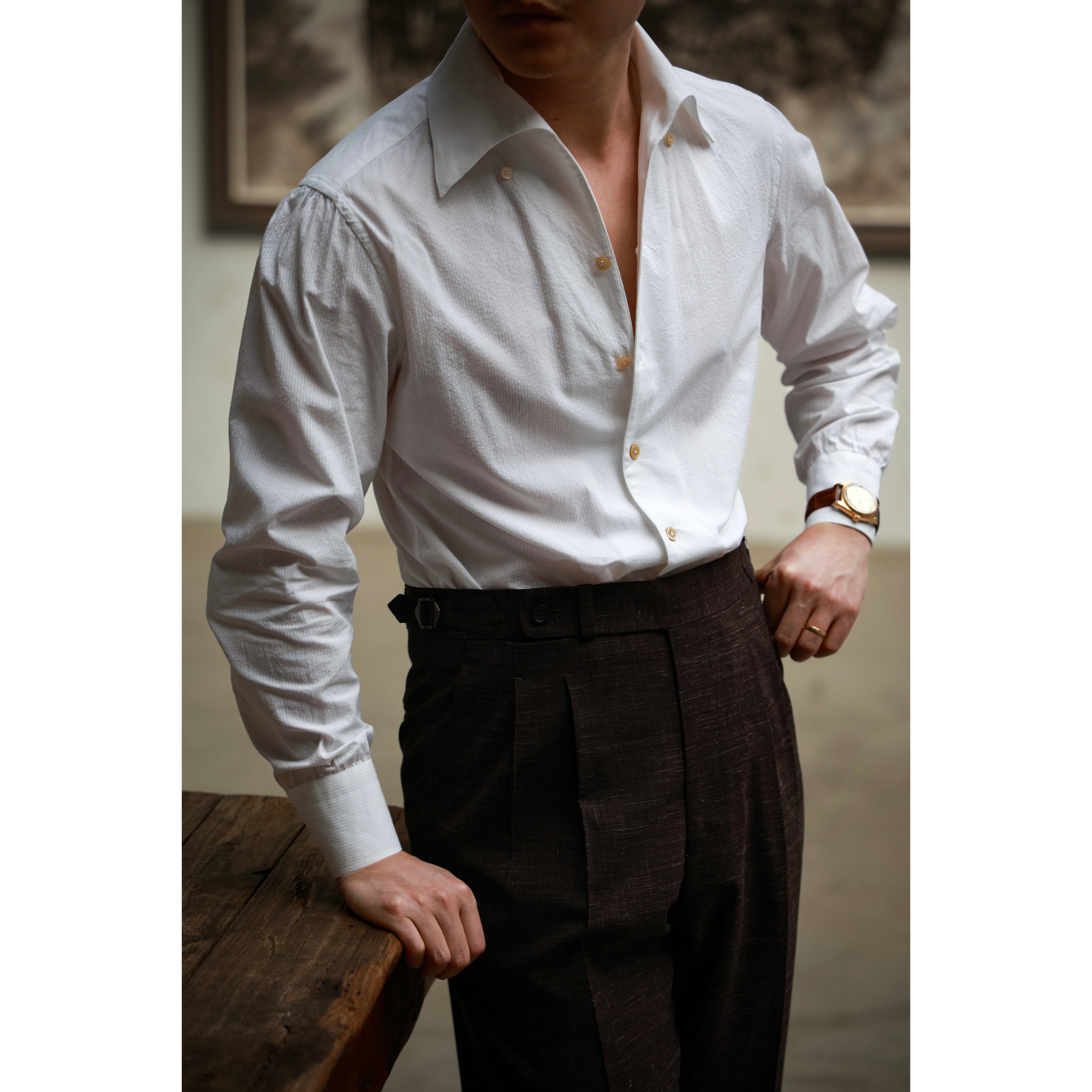 UGENTLE男装品牌 暗条纹「海盐泡泡棉」意式海鸥领 绅士长袖 衬衫