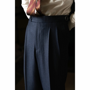 UGENTLE 男装 秋冬「议会蓝条纹」全羊毛  意式巴黎扣 高腰西裤男