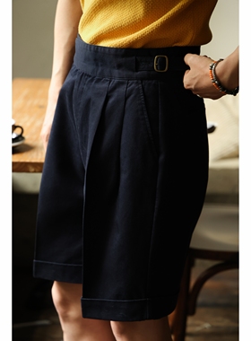 UGENTLE男装 重磅水洗纯棉「午夜蓝」Gurkha 廓尔格复古高腰 短裤