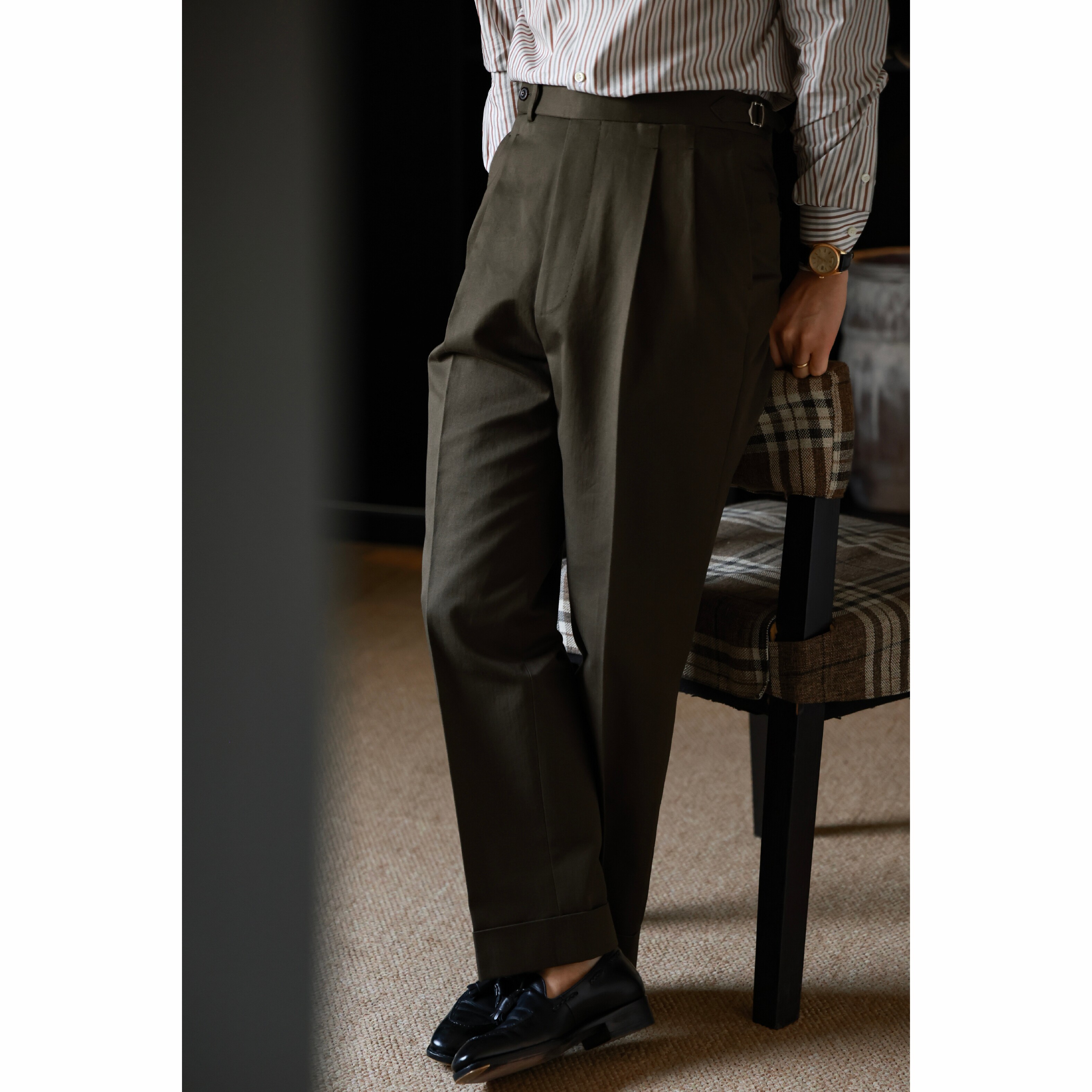 UG男装 日本进口窄幅重磅棉「苍野绿鱼骨纹」巴黎扣 老钱高腰西裤