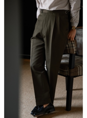 UG男装 日本进口窄幅重磅棉「苍野绿鱼骨纹」巴黎扣 老钱高腰西裤