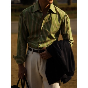 大八字领绅士纯棉衬衫 UGENTLE男装 意式 青梅绿条纹 手工三步系列