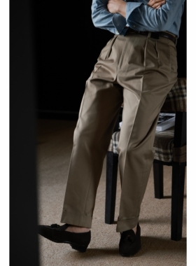 UG男装 日本进口窄幅重磅棉「陶土色鱼骨纹」好莱坞 老钱高腰西裤
