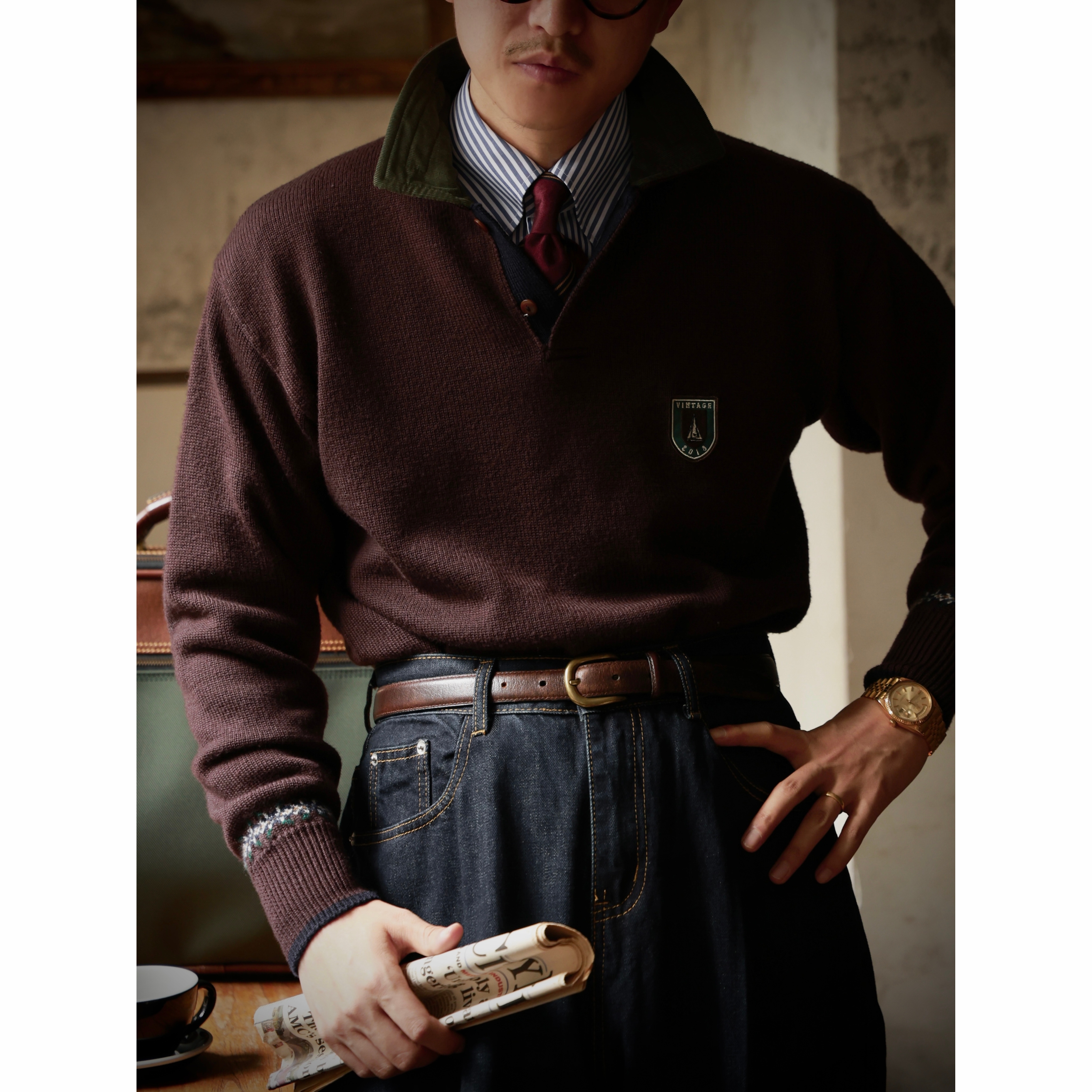 UGENTLE长袖纯羊毛polo领毛衣