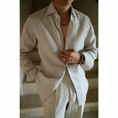 UGENTLE进口亚麻长袖八字领衬衫