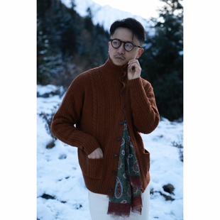 针织开衫 UGENTLE 长袖 阿兰绞花「晚霞红枫」复古老钱 毛衣 纯羊毛