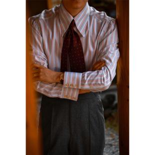 UG男装 手工三步系列 意式教父领 卡布里彩条 长尖领长袖绅士衬衫