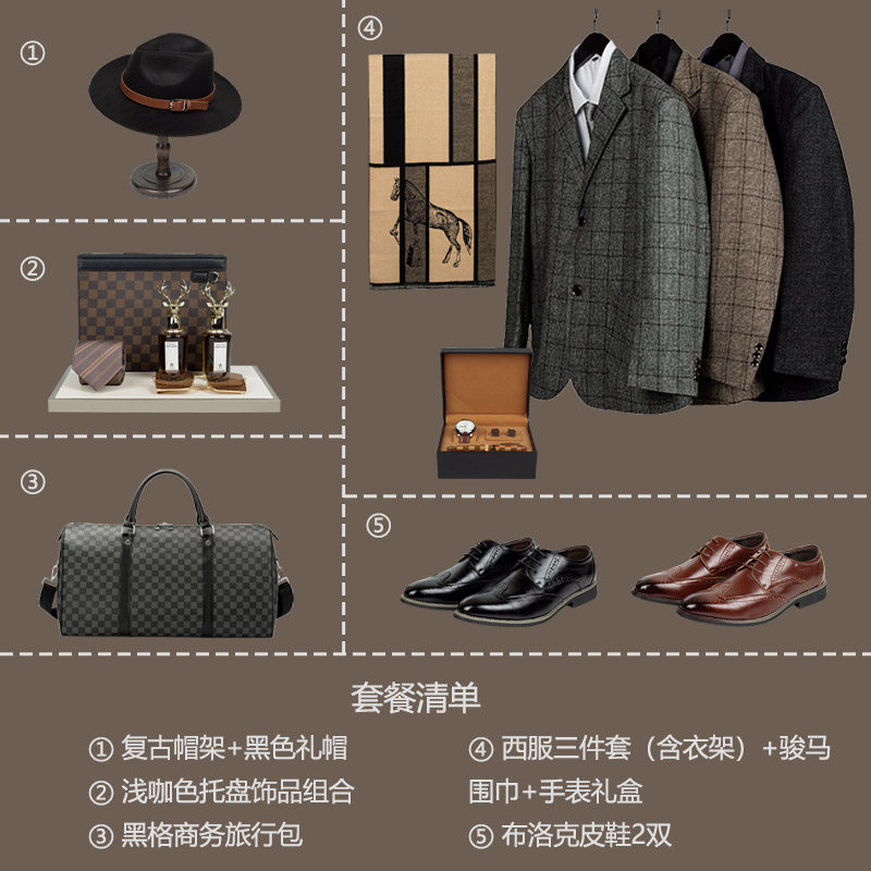 【商务男士衣柜】样板房衣帽间意式轻奢衣服皮鞋咖色主题软装摆件,家居饰品,家饰软装搭配套装,淘宝优惠券,粉丝福利购,淘宝优惠卷