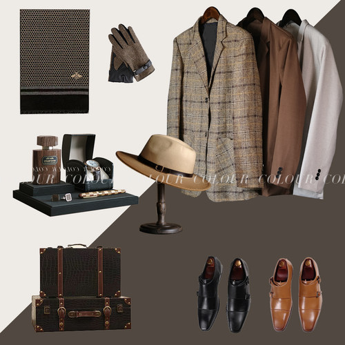 男士衣柜套装摆件样板间衣帽间英伦复古格子西装围巾皮鞋收纳箱