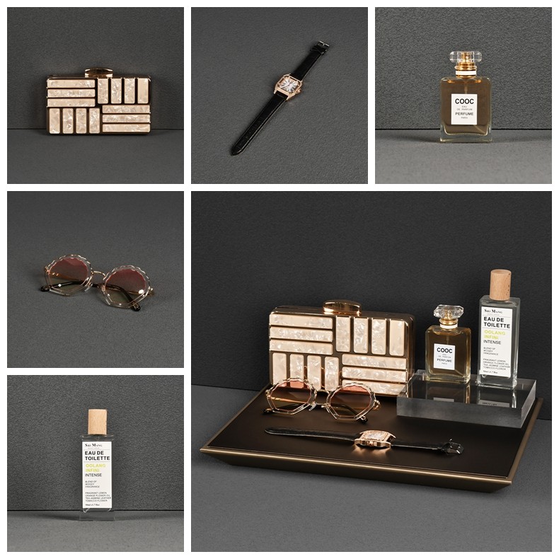 女士衣帽间梳妆台装饰品摆件化妆包香水眼镜手表托盘软装搭配套装