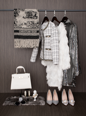 企信样板房衣帽间道具银色轻奢衣柜软装衣服女士服装首饰摆件包包