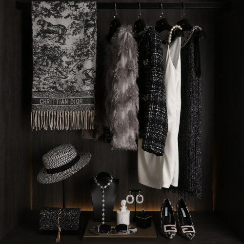 企信轻奢黑色衣帽间样板房衣服衣柜服饰帽子鞋子围巾女士礼服组合