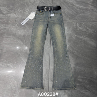 高腰弹力显瘦百搭喇叭裤 时尚 新款 女2026春季 配腰带 烫钻微喇牛仔裤