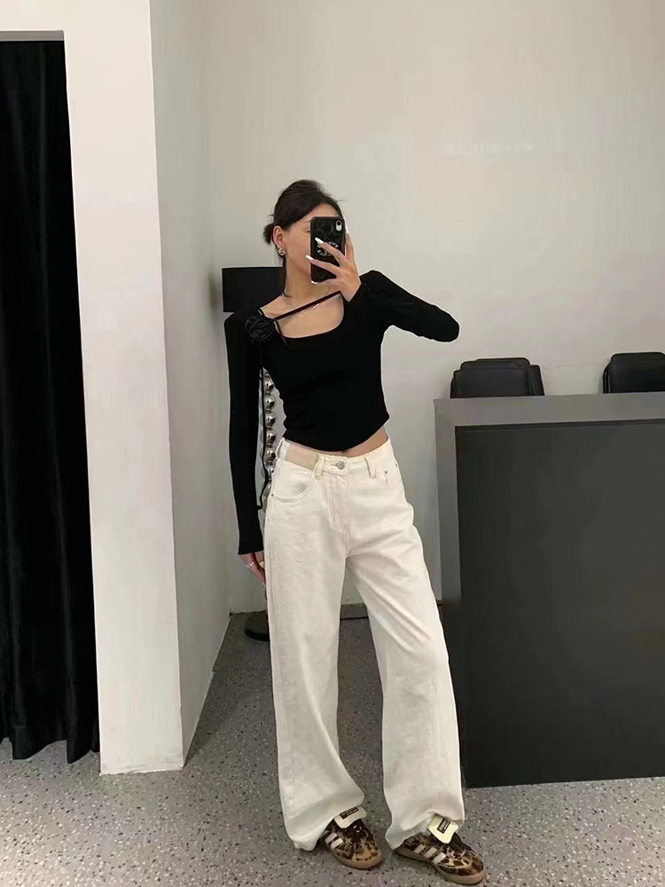 美式复古提花miu直筒牛仔裤女字母春夏炸街小个子白色高腰阔腿裤