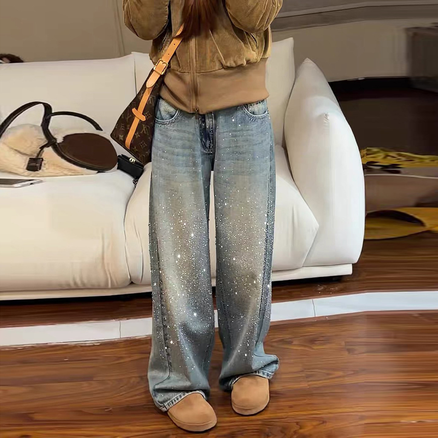 韩版时尚烫钻阔腿牛仔裤女2026年春季新款宽松显瘦百搭拖地休闲裤,女装/女士精品,牛仔裤,淘宝优惠券,粉丝福利购,淘宝优惠卷