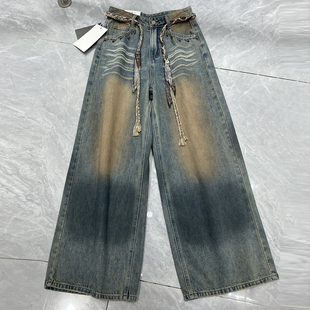 复古做旧高腰阔腿裤女2025秋季新款宽松显瘦垂感刺绣牛仔裤配腰带