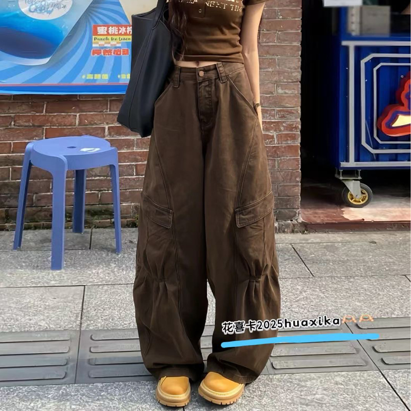 美式街头复古大口袋工装裤女2025秋季新款纯棉宽松显瘦阔腿牛仔裤