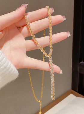 欧美跨境个性夸张满锆Y字形流苏项链精致时尚轻奢超闪锁骨链配饰