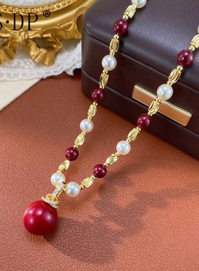 欧美跨境时尚复古串珠红色珍珠吊坠项链女个性轻奢温柔百搭锁骨链
