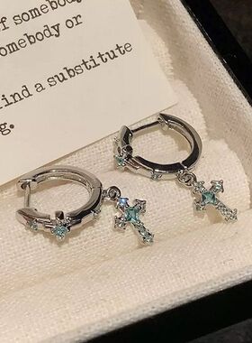 绿色锆石十字架吊坠钛钢直针耳环耳扣女帕拉伊巴闪钻耳饰精致个性