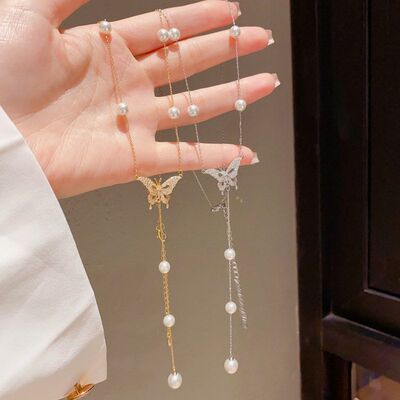 甜美微镶流苏锁骨气质百搭轻奢珍珠高级感链蝴蝶项链时尚个性