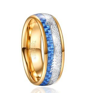 8MM男款戒指18K金色电镀镶嵌蓝色碳纤维和陨石男士钨钢戒指一键代
