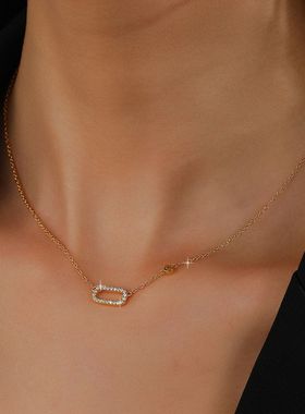 欧美跨境热销 真金电镀纯银 简约款镶锆石方形双扣吊坠链条锁骨链