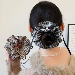 摩卡甜心韩系格纹抽绳大肠发圈女蝴蝶结飘带丸子头发绳扎马尾头花