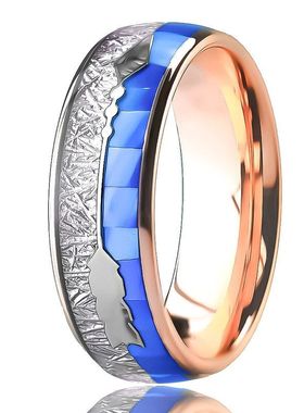 8mm 钨钢戒指电镀18K玫瑰金镶蓝色天然贝壳和陨石纹男士钨钢戒指