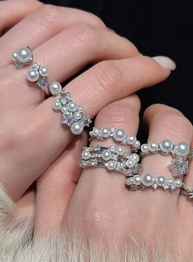 满天星珍珠闪钻开口戒指女2026新款爆款小众设计高级感食指戒手饰