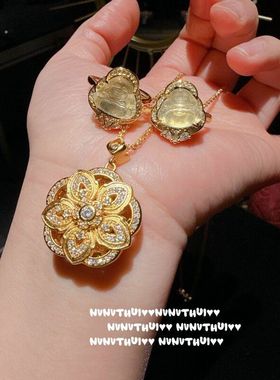 古法花丝螺钿花开富贵罗盘吊坠项链 新中式 白玉髓佛公戒指 套装