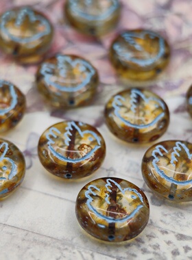 进口捷克珠14mm复古百搭和平鸽小胖圆牌玻璃珠手作diy材料散珠