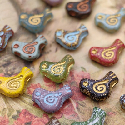 进口捷克珠11x16mm复古百搭小鸟珠Diy手作串珠玻璃材料