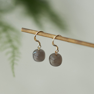 和田玉烟青老型珠耳钩女款原创天然玉石烟紫耳坠女精美个性圆珠饰